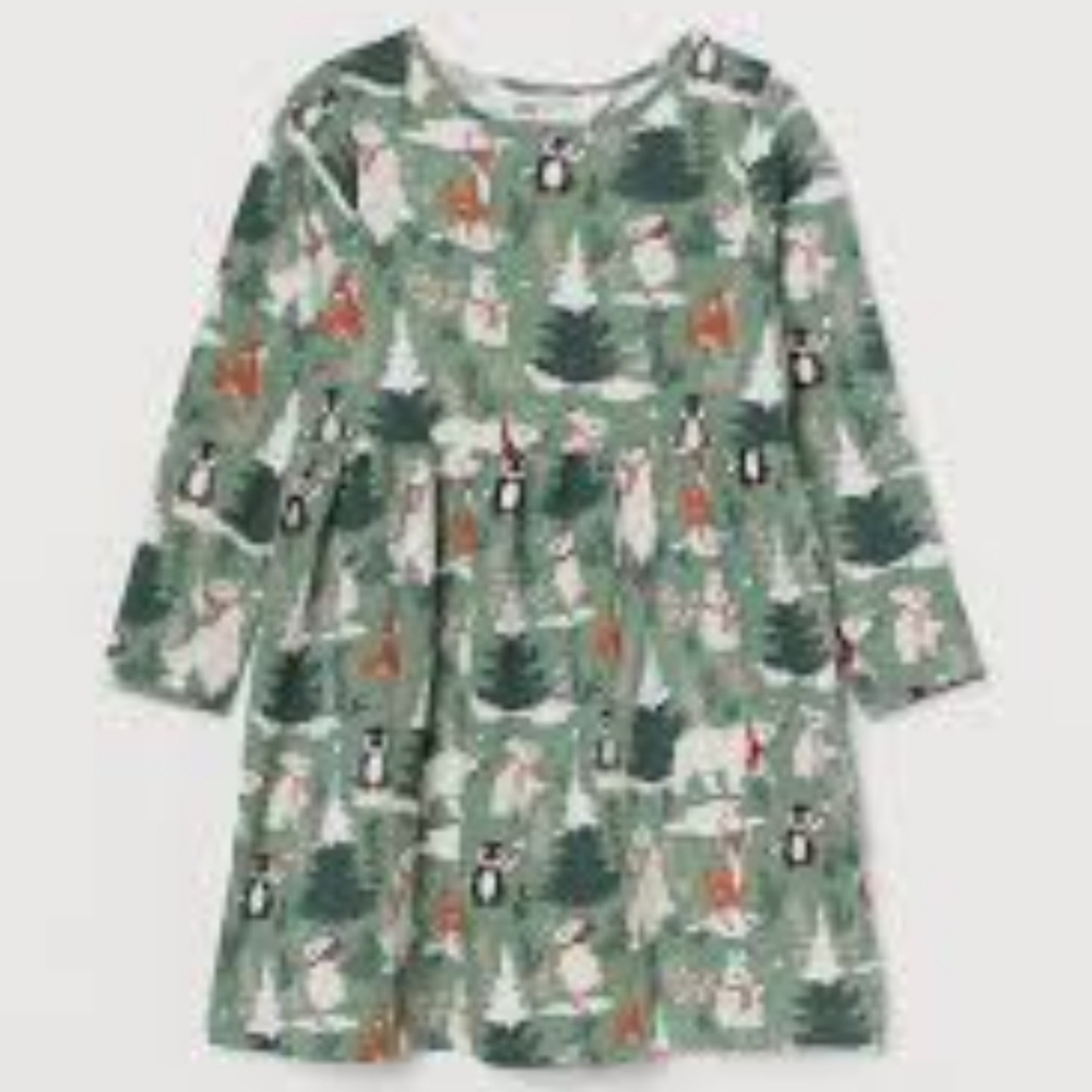 H&M Green Winter Animals Printed Jersey Dress.